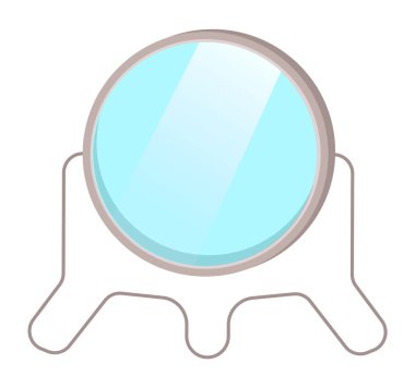 Çelik kaidedeki yuvarlak ayna, beyazdan izole edilmiş, makyaj, tıraş, kozmetik aletleri.