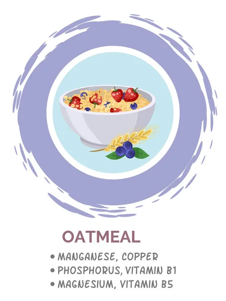 Presentation template of oatmeal. Healthy breakfast muesli, cereal with berries in the bowl — Stock Vector