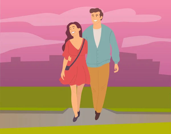 约会的夫妇户外城市景观在晚上。年轻的人微笑着，男人和女人拥抱着散步 — 图库矢量图片