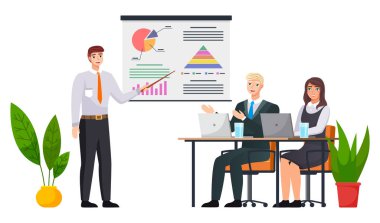 İş adamı istatistiksel bir rapor sunuyor. Analiz ve planlama sektörü