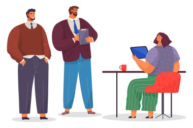 Ofis çalışanları. İş arkadaşları. Meslektaşlar proje takım çalışmasını tartışırlar. Ofis çalışanları iş ve iletişim