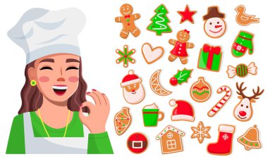 Gülümseyen aşçı kadın iyi bir işaret, lezzetli kurabiyeler, Noel kurabiyeleri koleksiyonu
