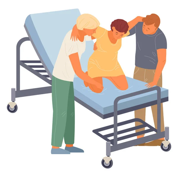 Születési pozíció terhes nő, férj, nővér segít pihenni orvosi ágy, kényelmes testtartás — Stock Vector