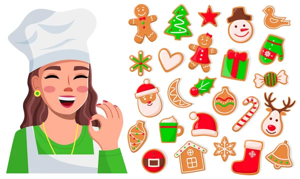 Gülümseyen aşçı kadın iyi bir işaret, lezzetli kurabiyeler, Noel kurabiyeleri koleksiyonu — Stok Vektör