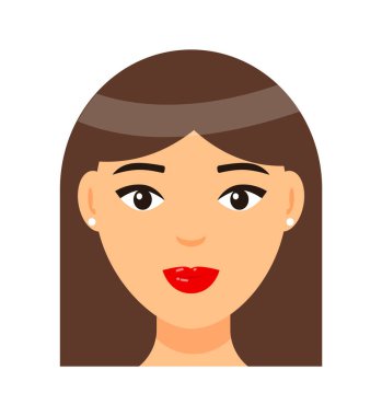 Kahverengi saçlı, kırmızı dudaklı, kısa saçlı, açık makyajlı genç ve güzel bir kadının yüzü.