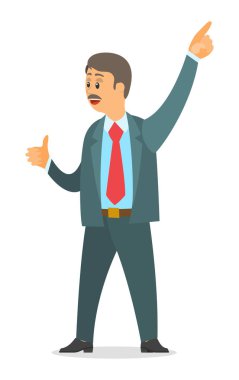 İdari işadamı takım elbisesini parmağıyla işaret ediyor, patron baş parmağını gösteriyor.