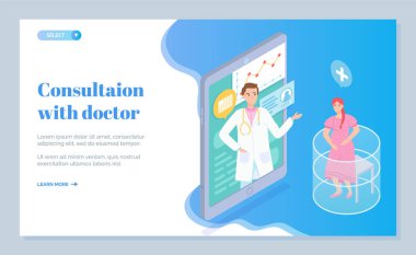 Tıbbi web sitesinin iniş sayfası, doktor ve hamile kadının online konsültasyonu, sanal yardım
