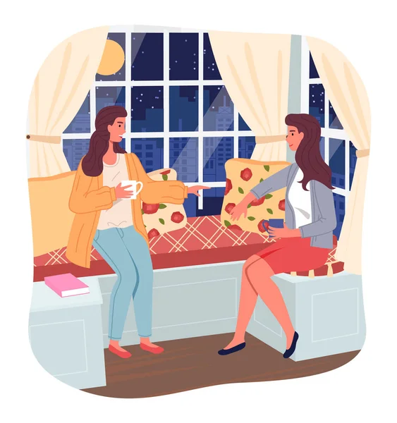 Duas namoradas sentadas perto da janela à noite e conversando com xícara de chá ou café, sentadas no sofá — Vetor de Stock
