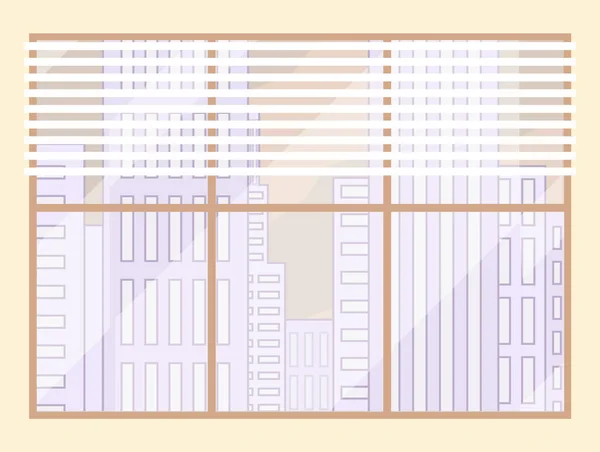 Fenêtre dans le bureau ou la maison, fenêtre avec jalousie, bâtiments de la ville à l'arrière-plan, vue de l'intérieur — Image vectorielle