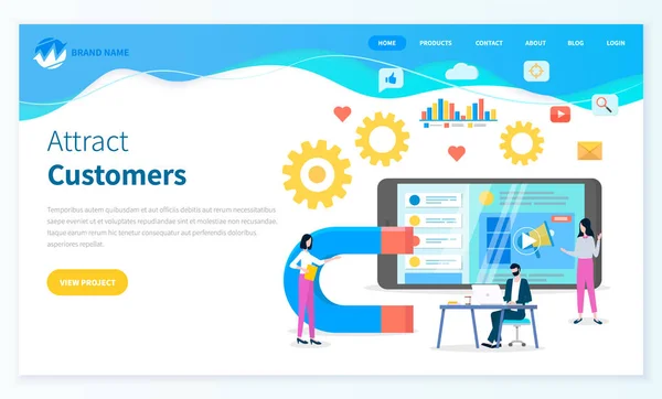 Attirer les clients pour le développement de sites Web sociaux, augmenter la popularité du site Internet, site Web — Image vectorielle