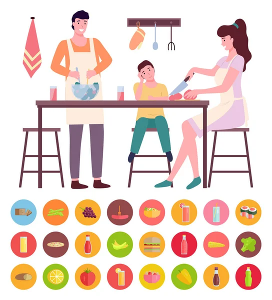 Joven mamá y papá cocinando con su hijo en la cocina, personas sentadas, de pie cerca de la mesa de la cocina — Vector de stock