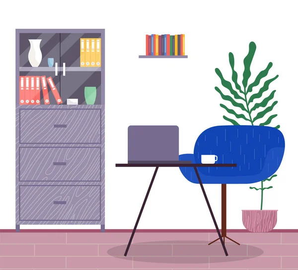 Arbetsplats på kontoret, interiör med laptop vid bord och bekväm stol, skåp med mappar — Stock vektor