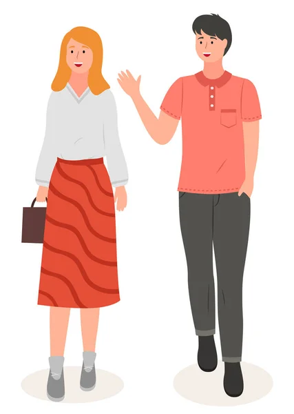Homme souriant agitant la main portant t-shirt et pantalon, élégante fille blonde élégance avec sac à main — Image vectorielle