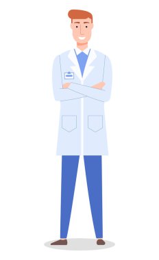 Doktor ya da cerrah tıbbi önlük giyiyor. Rozeti, sağlık ve sağlık sigortası olan yakışıklı bir terapist.