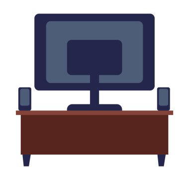 İzole TV standı, sütunları, televizyonu ya da bilgisayarı, ahşap tezgahtaki televizyonun arka görüntüsü