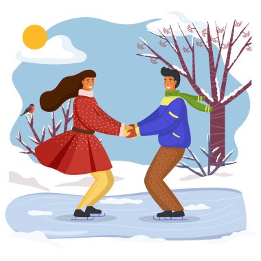 Kışın birlikte kayan çift el ele tutuşup birbirine bakıyor, karla kaplı ağaçlar.