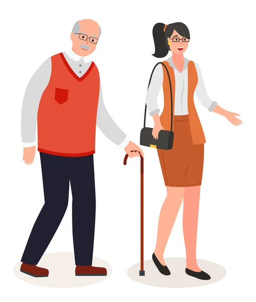 Бізнес-леді в стильному діловому костюмі з хвіст ходьби зі старим чоловіком нахилився на ходьбу палицею — стоковий вектор