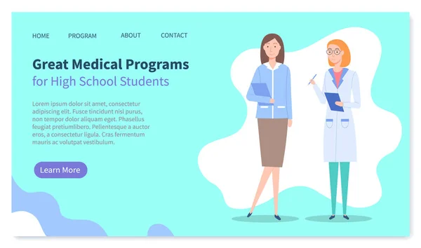 Page d'accueil du site web médical, grands programmes médicaux pour les élèves du secondaire, éducation médicale — Image vectorielle