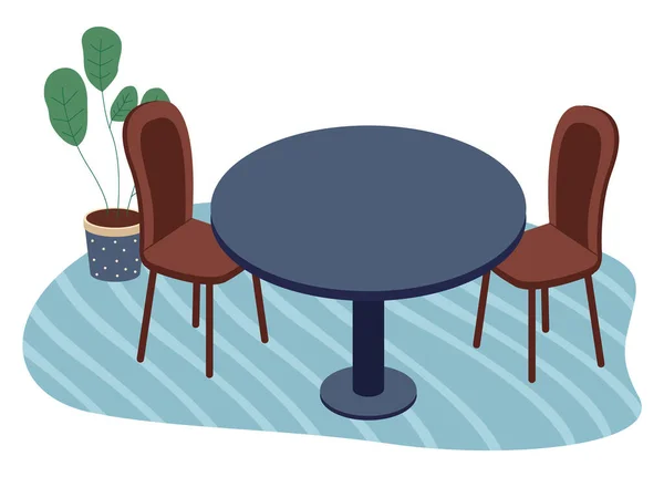 Cadeiras de madeira, mesa com planta verde em panela no tapete, mobiliário elegante para casa ou escritório —  Vetores de Stock