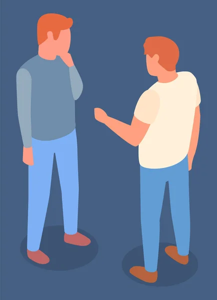 Comunicação de dois amigos homens, reunião, jovens discutindo, mão gesto masculino, 3d isométrico —  Vetores de Stock