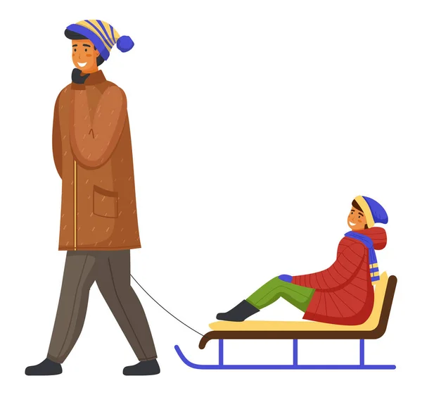 Семья в теплой зимней одежде ходьба, отец держит за веревку и ездить сына на санях — стоковый вектор