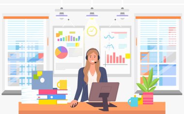 Karakter kadın çağrı merkezi hattı. Çevrimiçi müşteri hizmetleri çalışanı, telefon operatörü