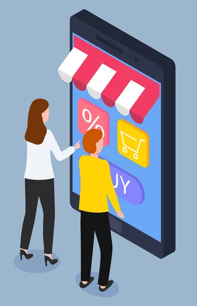 Shopping online tramite smartphone, e-commerce — Vettoriale Stock