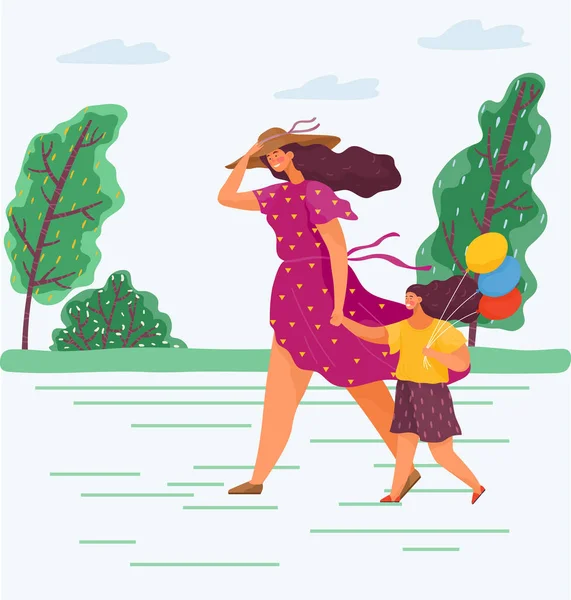 Paseo familiar en el parque durante el fuerte viento. Madre e hija caminan con globos afuera — Vector de stock