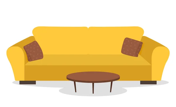 Sofá amarillo con almohadas y mesa pequeña. Diseño de muebles de sala de estar, interior del hogar moderno — Vector de stock