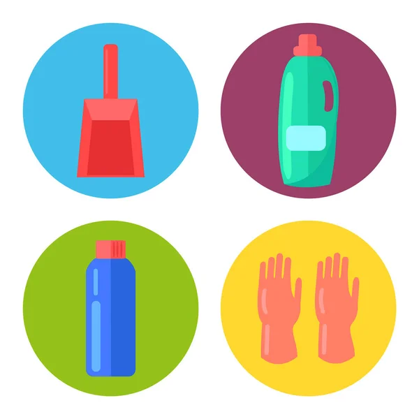 Haushaltschemikalien-Behälter Plastikflaschenverpackung, Werkzeugkelle und Gummihandschuhe in einem runden Rahmen — Stockvektor