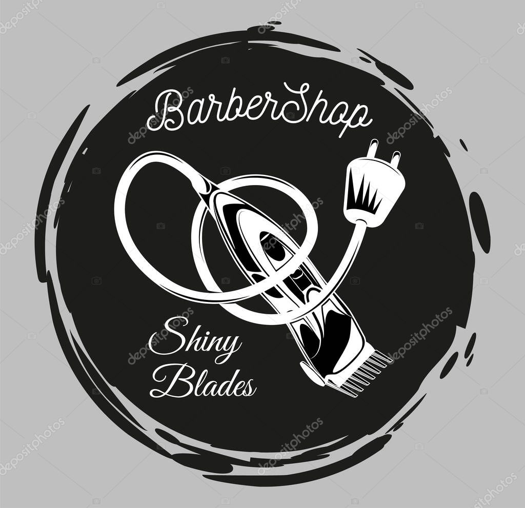 Barbershop logo, emblem with electrical hair clipper or shaver in vintage style vector illustration. Logotype for hairdressing salon with shiny blades lettering and shaver in white and black style