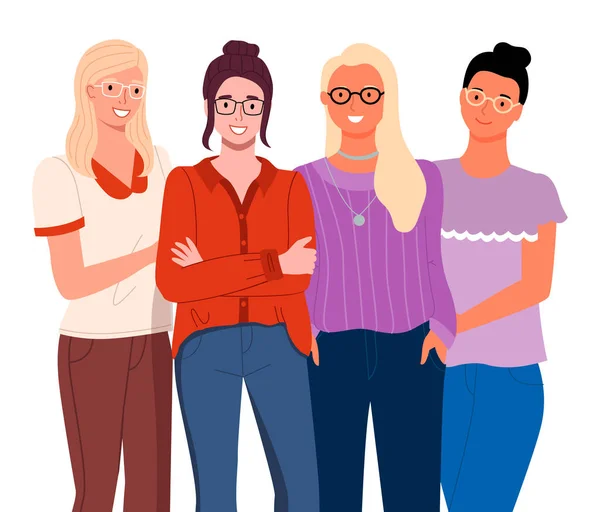 Mujeres jóvenes con ropa casual aisladas. Equipo de compañeros vestidos con blusas y retrato de vaqueros — Vector de stock