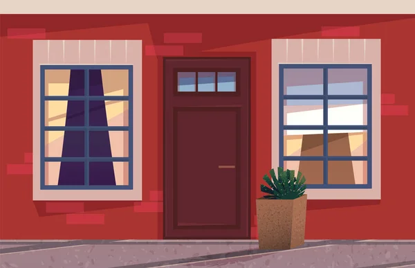 Die Abbildung mit einer hölzernen Haustür und einem Teil der Wand mit Fenstern zur Abendzeit — Stockvektor
