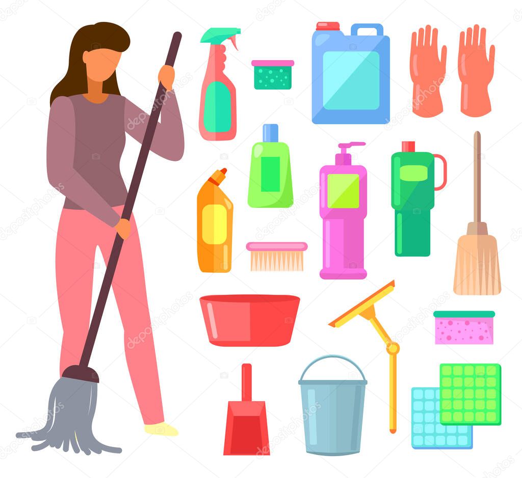 Group of bottles of household chemicals, supplies and cleaning, tools and containers for cleaning