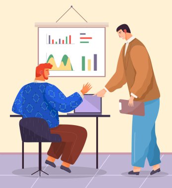 İş adamları tartışır, projeyi tartışır. Yönetici patronla yeni sözleşmenin sonucunu konuşuyor.