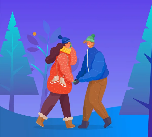Couple debout dans le parc, homme et femme marchent ensemble — Image vectorielle