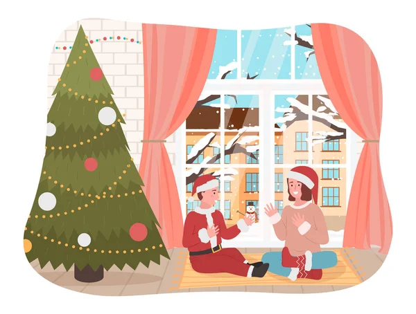 Personas celebrando la Navidad en casa por la ventana — Vector de stock