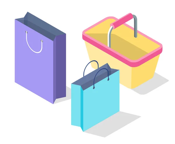 Изометрическая 3D иллюстрация красочных пакетов и корзины для покупок, элементов, символов для покупателя — стоковый вектор