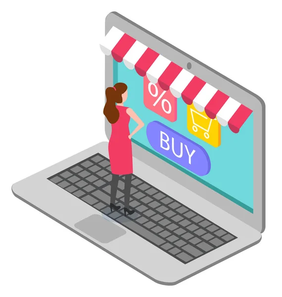 Frau shoppt online mit Laptop, Internet Store — Stockvektor