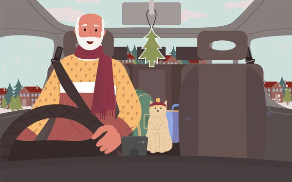 Hombre mayor en viaje de invierno en coche con gato — Vector de stock