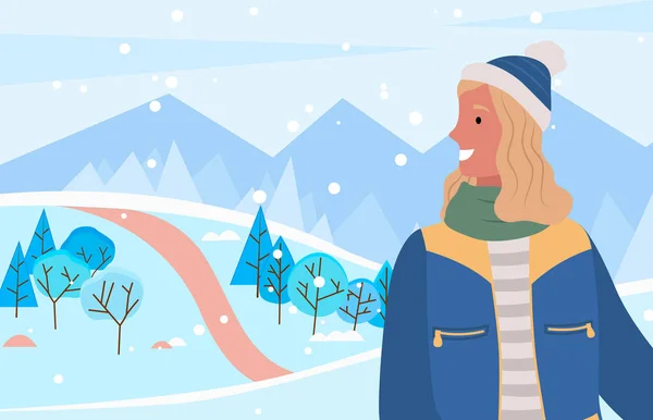 Nő séta a téli erdőben, hölgy pózol egyedül — Stock Vector