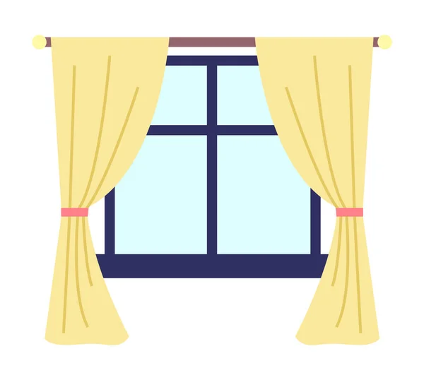 Ilustrace okna obývacího pokoje se žlutými závěsy a tmavomodrým okenním rámem a okenním parapetem — Stockový vektor