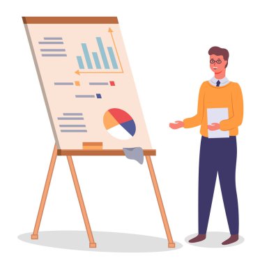 Ahşap tablonun yanında duran adam şema veya pasta grafiği, grafikler, veri, grafik, bilgi grafikleri