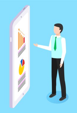 İş adamı gemide grafikler ve grafiklerle bir sunum yapıyor, pazarlama konsepti illüstrasyonu