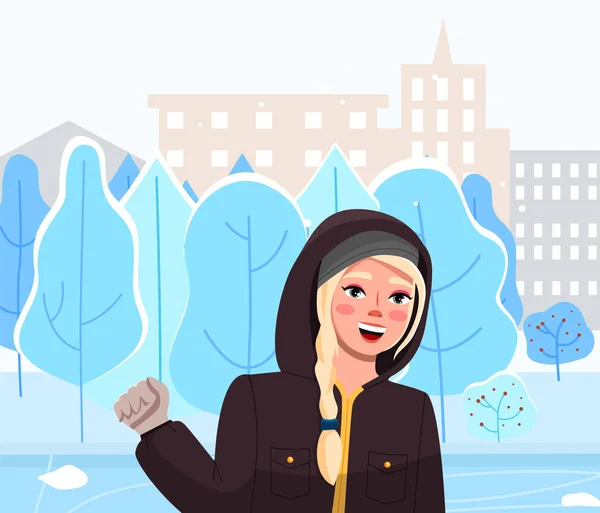 Une fille dans la rue Winter City. Illustration vectorielle femme mignonne en style plat marcher en hiver — Image vectorielle