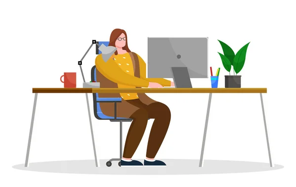 Travail de femme sur ordinateur au bureau, lieu de travail confortable — Image vectorielle