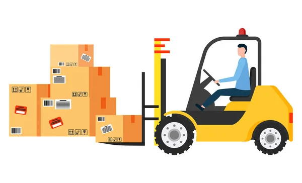 Man Driving Forklift Machine, Truck Moving Boxes — Stock Vector