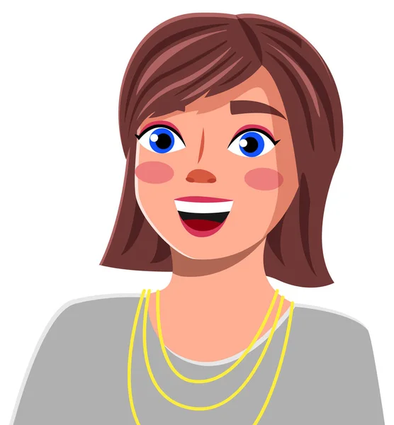 Personaje de dibujos animados, avatar de joven morena sonriente mujer con corte de pelo corto, usando collar — Vector de stock