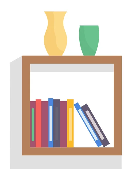 Estantería con libros y jarrones en el interior de la habitación. Biblioteca casera con literatura, ilustración vectorial — Vector de stock