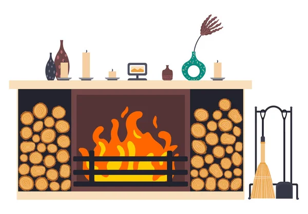 孤立したアイコンを置き換えます。快適な居心地の良い暖かい暖炉炎明るい冬の装飾インテリア — ストックベクタ